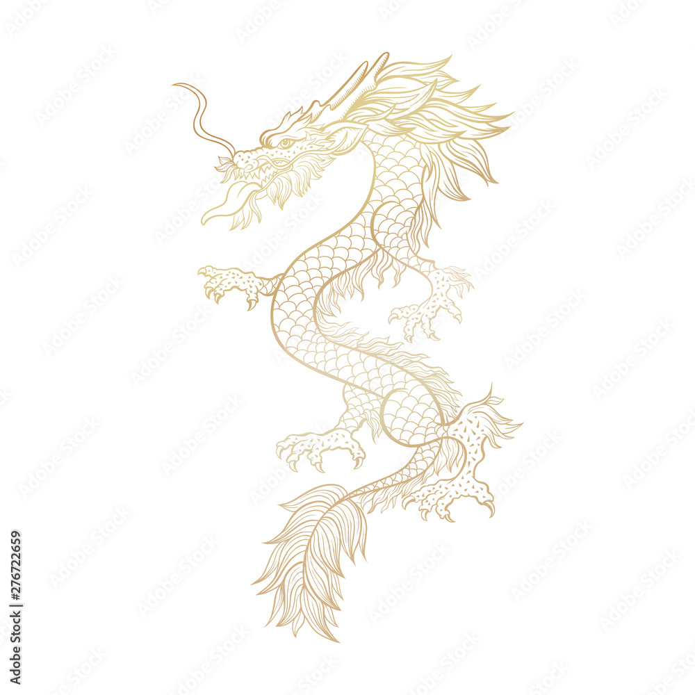 Golden Chinese mythic dragon laser cut file for plotter. Legendary oriental  mythological creature on white background. Asian ceremonial serpent in  threatening pose. Vertical hand drawn illustration. Stock Vector | Adobe  Stock