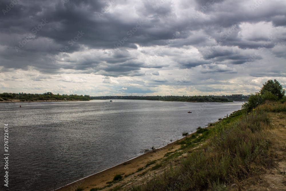 The river Oka to Murom, Russia overcast rainy summer day