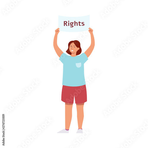 Woman stand holding raised protest placard with rights inscription cartoon style