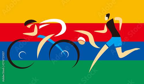  Three Triathlon competitors Illustration of Three triathlon athletes on the colorful stripes background. Vector available.