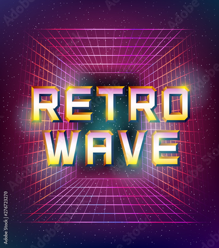 Vector Retro Futuristic Illustration in Style of 80s. Laser Grids in Outer Space and 'Retrowave' Text over Them