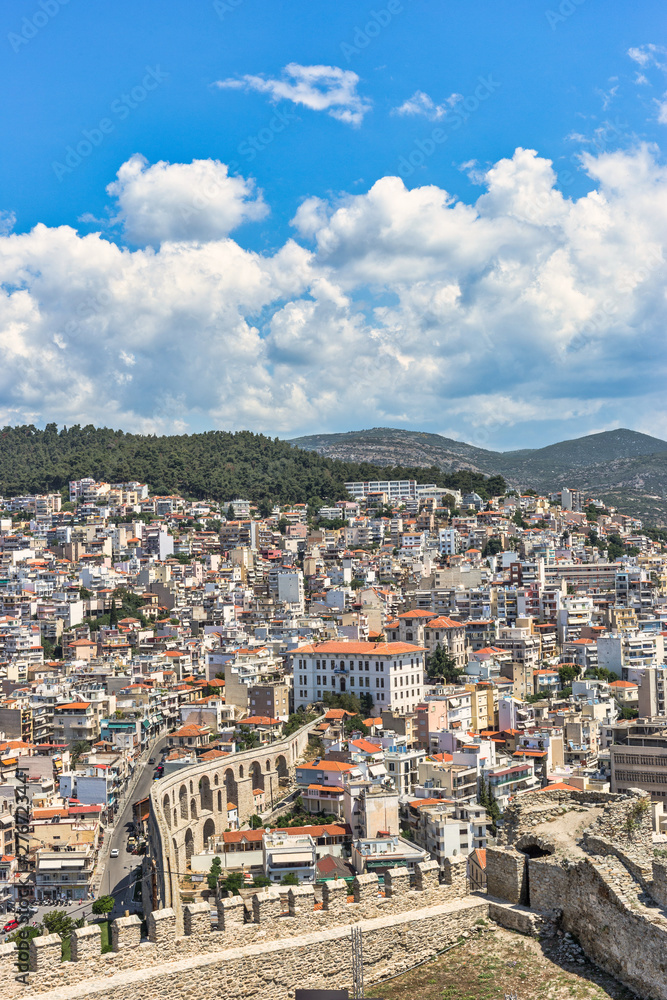 Beautiful cityscape of Kavala town and Byzantine aqueduct