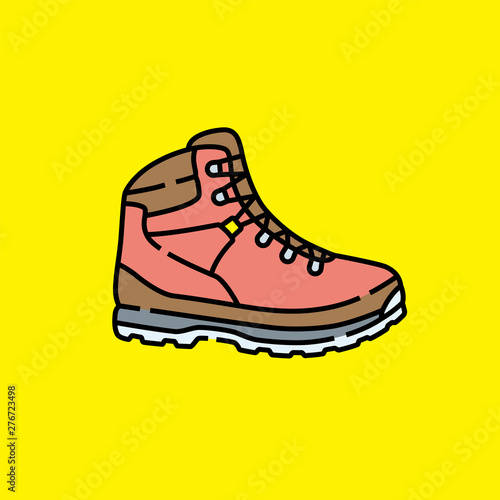 Hiking boots line icon. Outdoor leather walking boots symbol isolated on yellow background. Adventure trekking shoes graphic. Vector illustration.