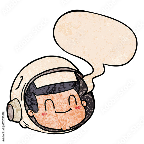 cartoon astronaut face and speech bubble in retro texture style