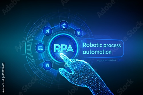 RPA Robotic process automation innovation technology concept on virtual screen. Wireframed robotic hand touching digital graph interface. AI. Artificial intelligence. Vector illustration.