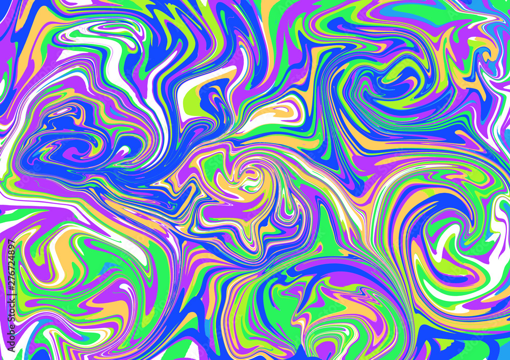 Marble effect painting. Wave background. Mixed blue, purple, green and yellow paints. 