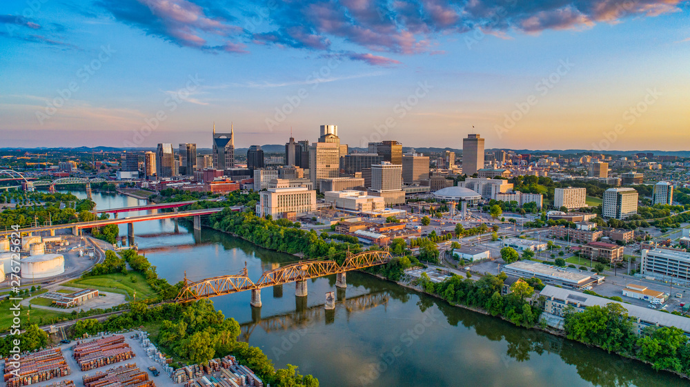 Nashville Tennessee TN Drone Aerial Skyline at Sunset Nashville Tennessee TN Drone Aerial Skyline at Sunset