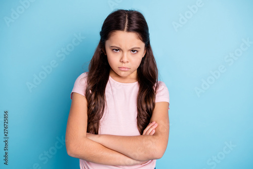 Portrait of disappointed irritated girl have offense dislike disagree no communication frustrated frown t-shirt dressed modern pastel-colored summer clothing isolated on blue background