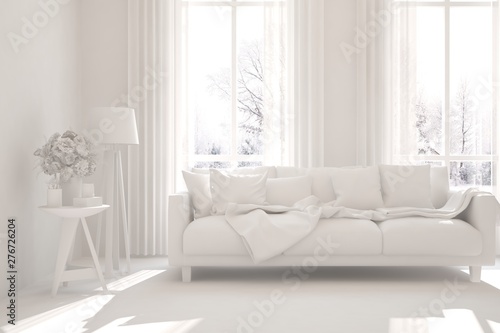 Mock up of stylish room in white color with sofa. Scandinavian interior design. 3D illustration