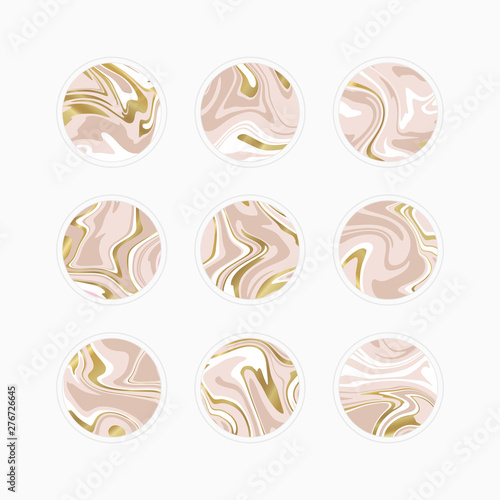 Vector set of Highlight covers backgrounds. Design templates icons for social media stories. Round emblems of marble pink and gold color. Use as a Different blogger and personal use © Sini4ka