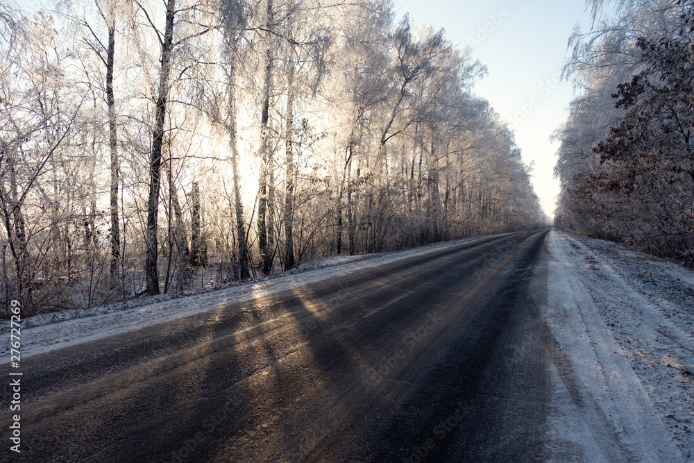 winter road and snow with landscape of trees with frost