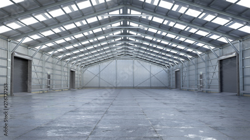 Hangar interior with rolling gates. 3d illustration