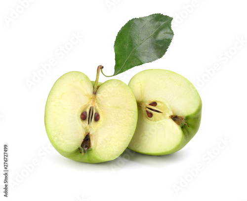 green sliced apple on white background