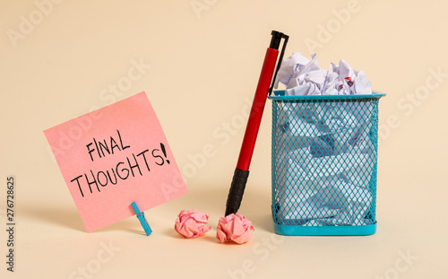 Word writing text Final Thoughts. Business photo showcasing should be last few sentences within your conclusions Plain note paper and stationary placed above soft pastel colour backdrop photo