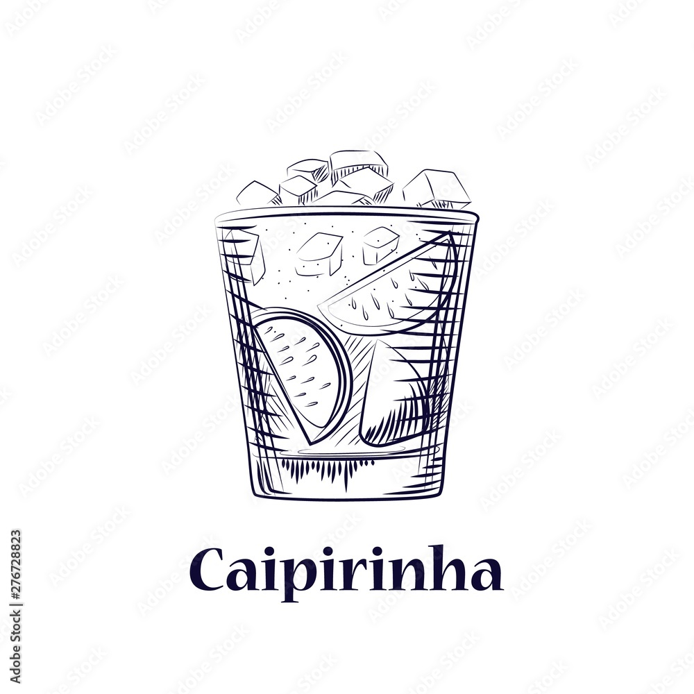 Hand drawn sketch cocktail Сaipirinha. Isolated coctail on white background.