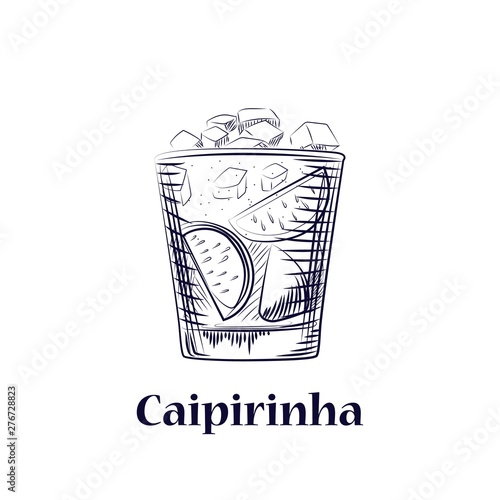Hand drawn sketch cocktail Сaipirinha. Isolated coctail on white background.