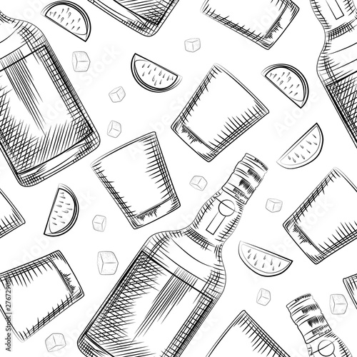 Hand drawn old fashioned glass, lime, alcohol bottle and ice cube seamless pattern