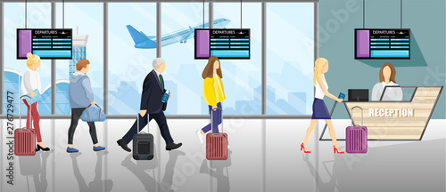 People at the airport Vector flat style. Tourists with the luggage doing the check in. Reception flight booking desks