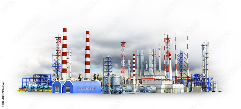 Large factory on the background of black clouds of smoke. 3d illustration
