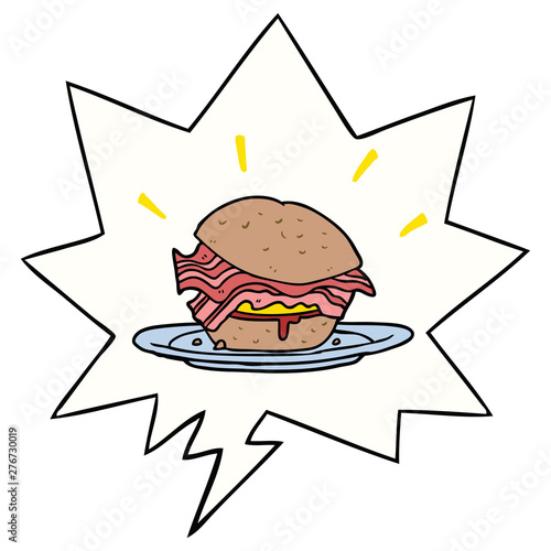 cartoon amazingly tasty bacon breakfast sandwich and cheese and speech bubble