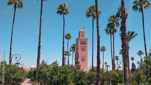 Pan view of Koutoubia mosque behind palm trees . travel destination . Marrakech, Morocco
