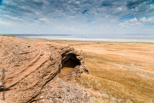 View of the salty lake Baskunchak from the side of the mountain Big Bogd. Unique natural formation in the steppe. photo