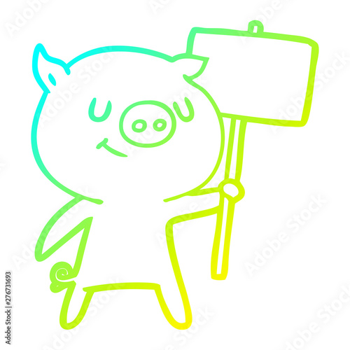 cold gradient line drawing happy cartoon pig with placard