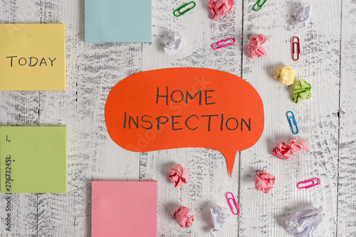 Word writing text Home Inspection. Business photo showcasing Examination of the condition of a home related property Blank speech bubble paper balls clips sticky notes old wooden background photo