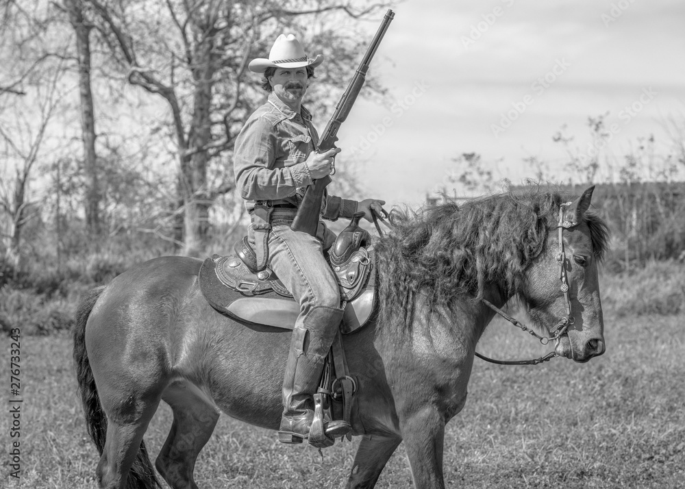 Fototapeta Cowboy with Rifle Ridding Horse Along Fences
