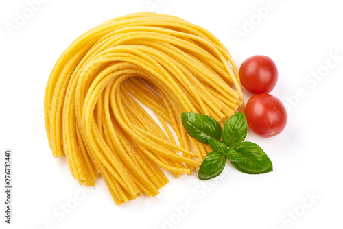 Italian pasta, raw spaghetti, top view, isolated on white background