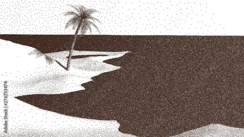 Beach or tropical coast landscape with palm tree and sea in retro dotwork style