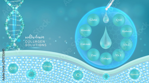 Hyaluronic acid plus multivitamins and mineral skin solutions ad, blue collagen serum drop with cosmetic advertising background ready to use, illustration vector.	