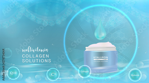 beauty product ad design, blue cosmetic container with multivitamins collagen solution concept advertising background ready to use, luxury skin care banner, illustration vector.