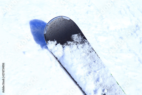 Black ski on fresh powder snow