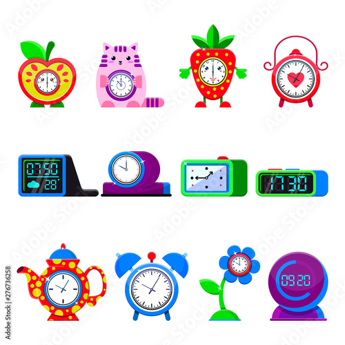 Alarm clock vector cartoon kids clockface clocked in time with hour or minute arrows illustration childish clocking object alarm wake-up timer set isolated on white background