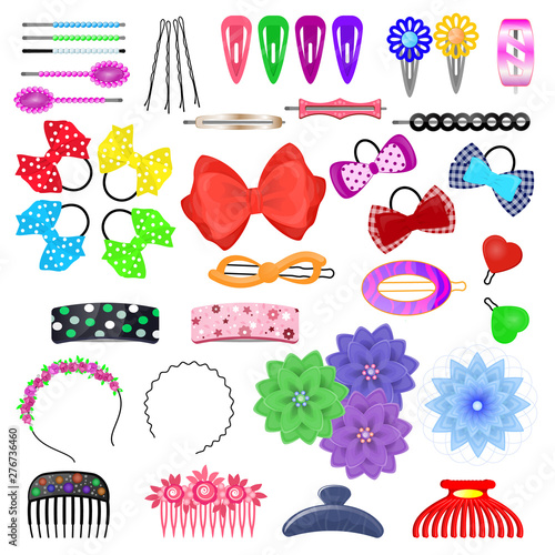 Hair accessory vector kids hairpin or hair-slide and hair-clip ponytailer for girlish hairstyle illustration beauty fashion set of hairgrip or hairdressing accessories isolated on white background