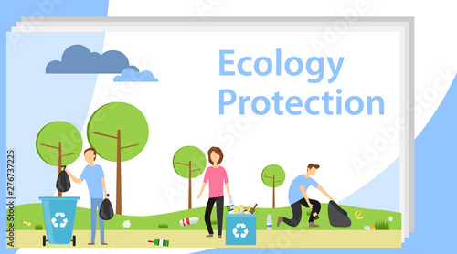 Fototapeta Naklejka Na Ścianę i Meble -  People collect garbage in the park in nature. People collectively collecting garbage. Volunteers collect garbage in packages. Vector illustration of ecology protection