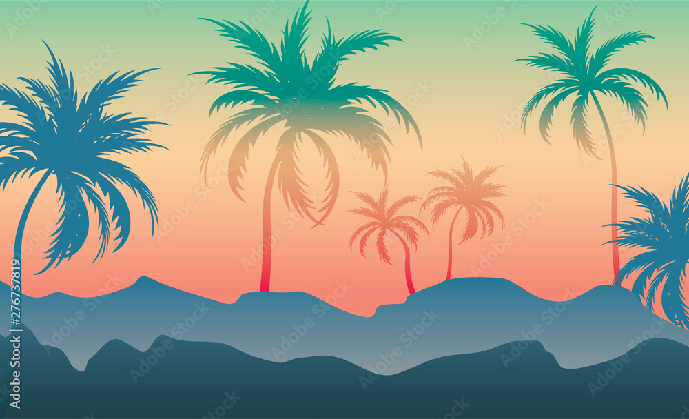 Coconut trees on the white hills Backgrounds, Colorful silhouette, Colorful illustration trends.