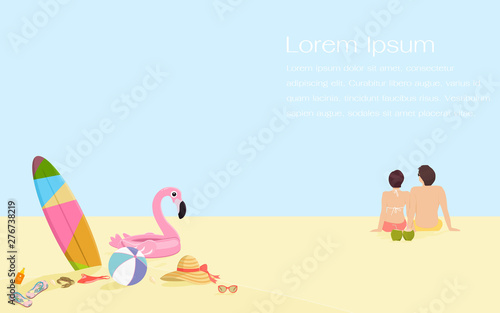 Young man and woman on holidays or honeymoon. Romantic couple sitting together on beach with summer items. Flat design vector illustration in cartoon style.
