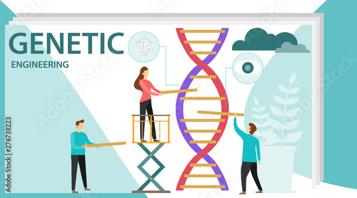 Genetic scientists edit DNA. Group of scientists or researchers wearing white coats analyzing DNA molecule in science lab. Men and woman scientis, laboratory technician. Biotechnology