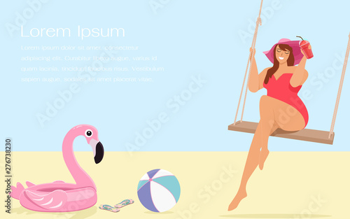 Summer vacation or holiday concept. A happy woman in bikini sitting on rope swing and holding a glass of smoothie with floating, ball and flip flops. Flat design vector illustration in cartoon style.