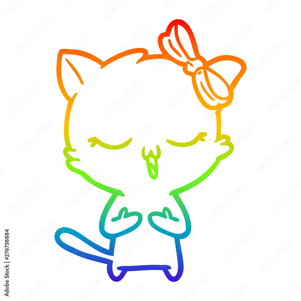 rainbow gradient line drawing cartoon cat with bow on head rainbow gradient line drawing cartoon cat with bow on head