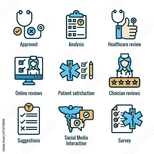Patient Satisfaction Icon Set with patient experiene, rating, & stars