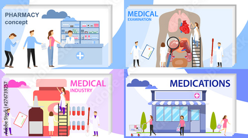 Medical industry. Mini people buy medicine. People doctors treat the human body with medicines. Vector illustration of the medical