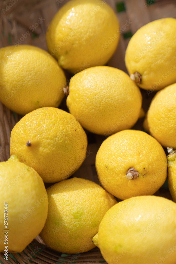 Close up lemon setting in basket in natural light scene / food material / food background / raw material / food photography Close up lemon setting in basket in natural light scene / food material / food background / raw material / food photography