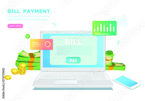 Electronic receipt or invoice in flat vector illustration. Digital bill for mobile internet banking concept. Online transaction via smartphone. Website or webpage layout template. Financial app.