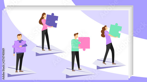 Business concept. Teamwork to connect the puzzle. Team metaphor. People connecting puzzle elements. People fly on paper airplanes and put puzzle pieces together. Symbol of teamwork © Dmitry