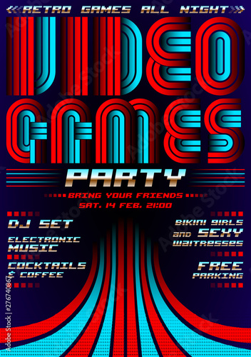 Video Games party, poster event template, eighties games style vector illustration