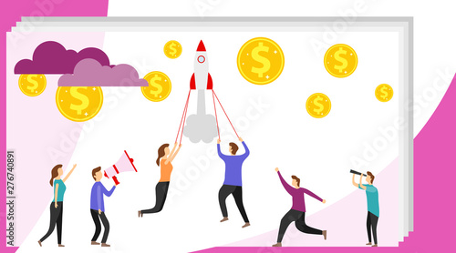 Starting a startup. The rocket pulls people up behind them. Vector illustration a group of people characters are thinking over an idea. Prepare a business project