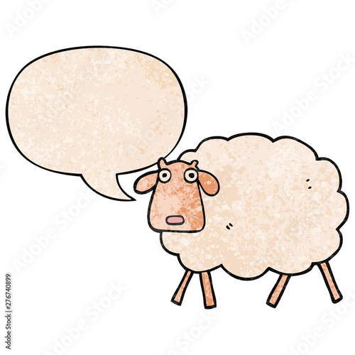 cartoon sheep and speech bubble in retro texture style